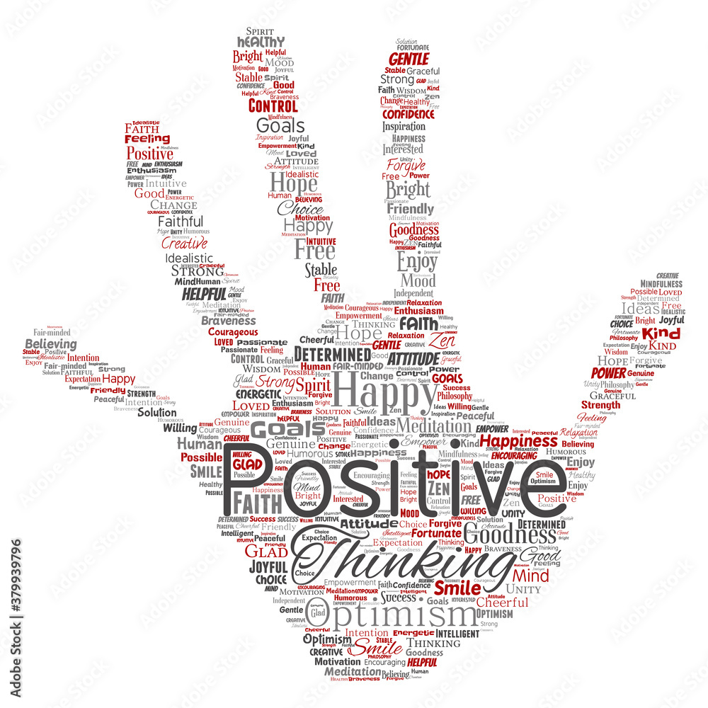 Vector conceptual positive thinking, happy strong attitude hand print stamp word cloud isolated on background. Collage of optimism smile, faith, courageous goals, goodness or happiness inspiration Vector conceptual positive thinking, happy strong attitude hand print stamp word cloud isolated on background. Collage of optimism smile, faith, courageous goals, goodness or happiness inspiration