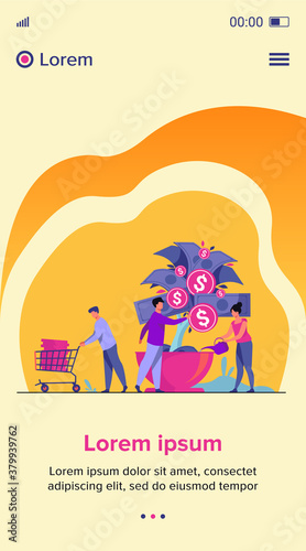 People growing money tree. Investors watering plant with cash, getting revenue. Vector illustration for business, finance, investment, growth, prosperity concept