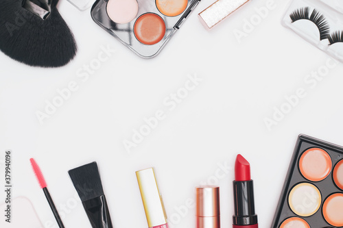 set of professional cosmetics, makeup tools and accessories isolated on white background, beauty, fashion, shopping concept, flat lay