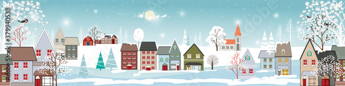 Winter landscape in village with cute cartoon of fairies house, Christmas night in small town in winter,Vector illustration banner for Merry Christmas and New year background