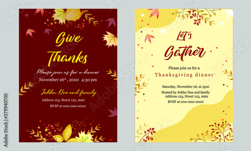 Floral Thanksgiving dinner invitation templates with red and yellow color variation. Editable text and other elements.