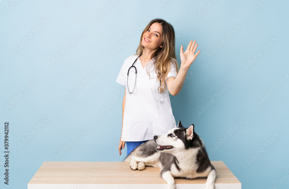 Veterinary doctor at vet clinic with Siberian Husky dog over isolated blue background saluting with hand with happy expression