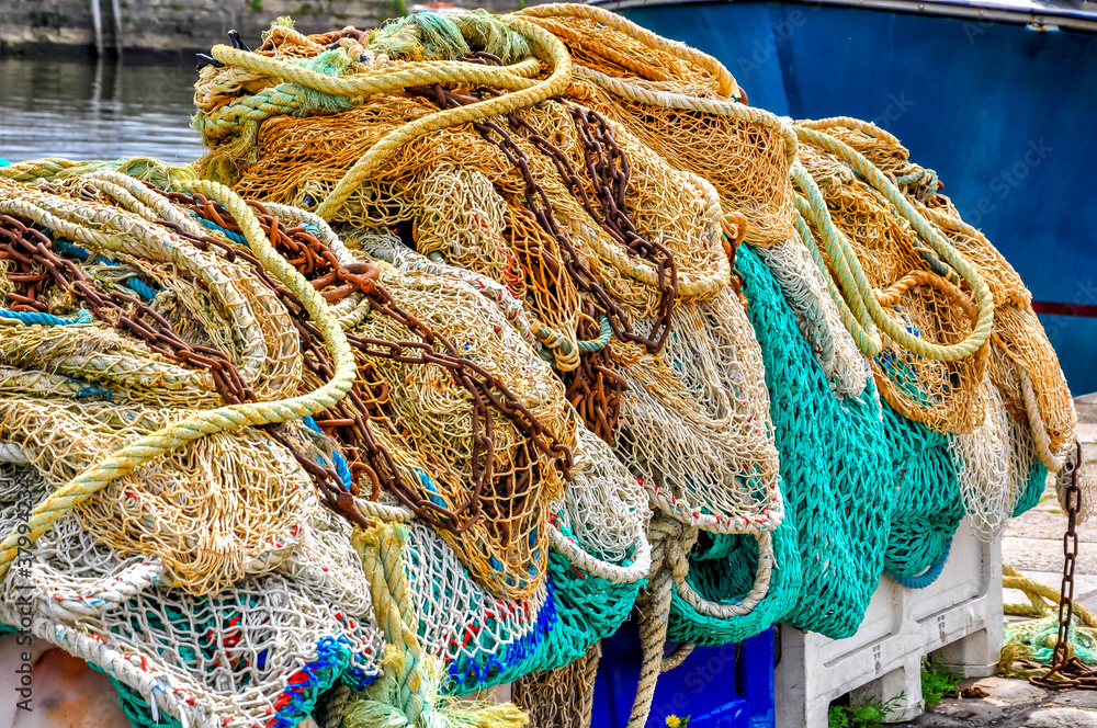 Colorful fishing nets in habor, honfleur, normandy