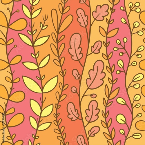 Autumn seamless pattern with different plants on orange background. Vector print with herbs.