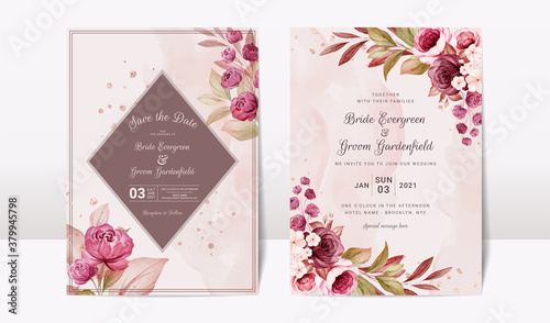 Floral wedding invitation template set with elegant burgundy and brown roses flowers and leaves decoration. Botanic card design concept