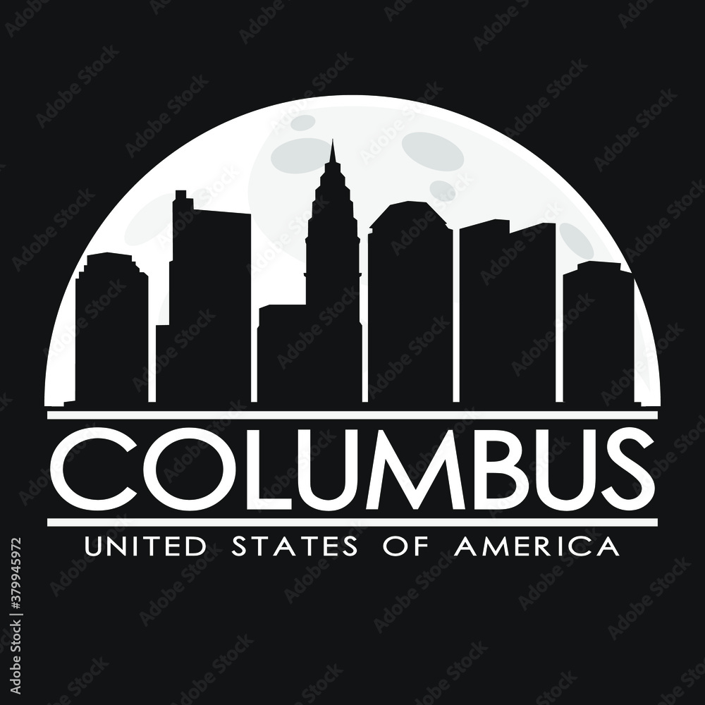 Columbus Full Moon Night Skyline Silhouette Design City Vector Art.