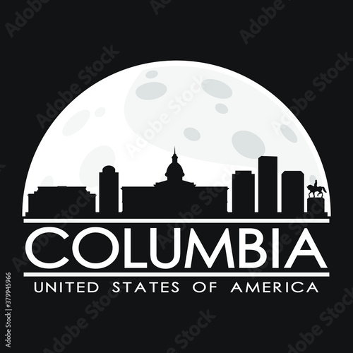 Columbia USA Full Moon Night Skyline Silhouette Design City Vector Art.
