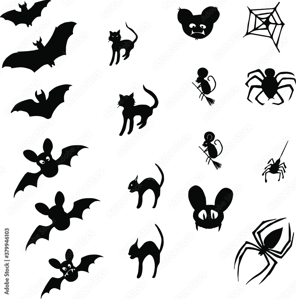Fototapeta premium Happy Halloween, October 31st All Saints Day, holiday animals isolated drawings icons freehand in vector