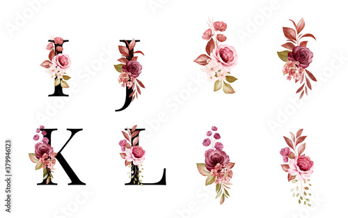 Watercolor floral alphabet set of I, J, K, L with red and brown flowers and leaves. Flowers composition for logo, cards, branding, etc