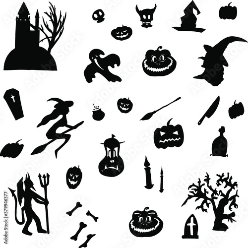 Happy Halloween, 31st October All Saints Day, attributes of the holiday isolated hand drawings icons in vector