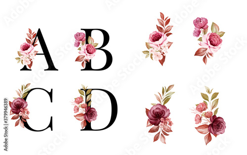 Watercolor floral alphabet set of A, B, C, D with red and brown flowers and leaves. Flowers composition for logo, cards, branding, etc