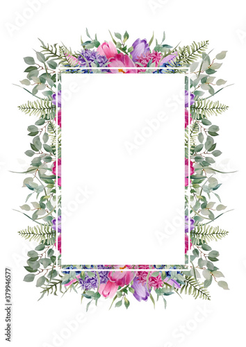 watercolor flower frame of branches, leaves of eucalyptus, fern, lavender with flowers of Crocuses and hyacinths