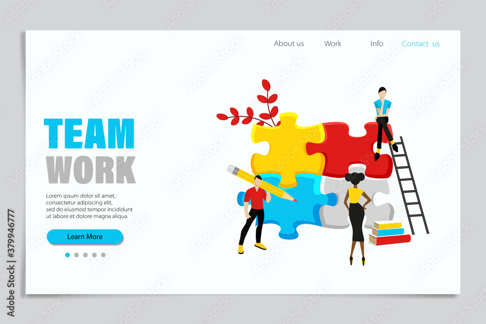 Team building and working landing page jigsaw puzzle design. Business solutions concept, workflow and interaction with puzzle pieces.