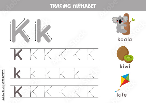 K is for koala, kiwi, kite. Tracing English alphabet worksheet.