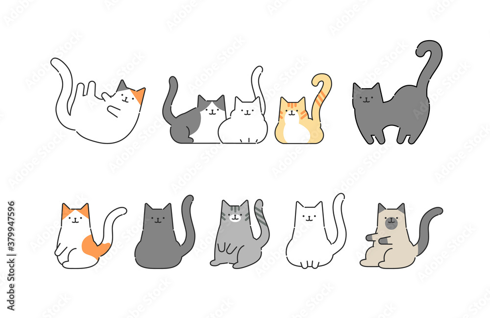 Set of cats in different poses. Vector illustration in flat style.