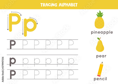 Tracing alphabet letter P with cute cartoon pictures.