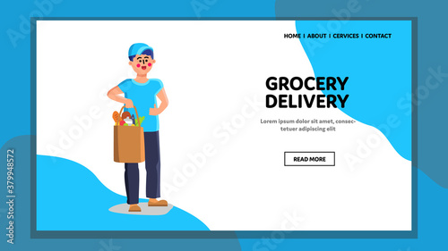 Grocery Delivery Service Worker Carry Food Vector