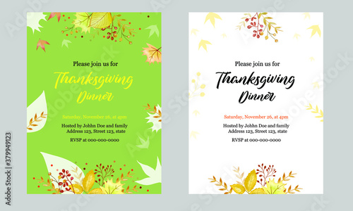 Floral Thanksgiving dinner invitation templates with green and white color variation. Editable text and other elements. Minimal floral design with autumn leaves and berries. 