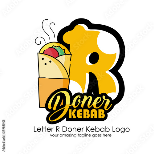 Letter R Meat Doner Kebab Dishes Vector Logo Design Illustration Food on White Background for Turkish and Arabian Fast Food Restaurant and Cafe. Initial Typography Logotype Template
