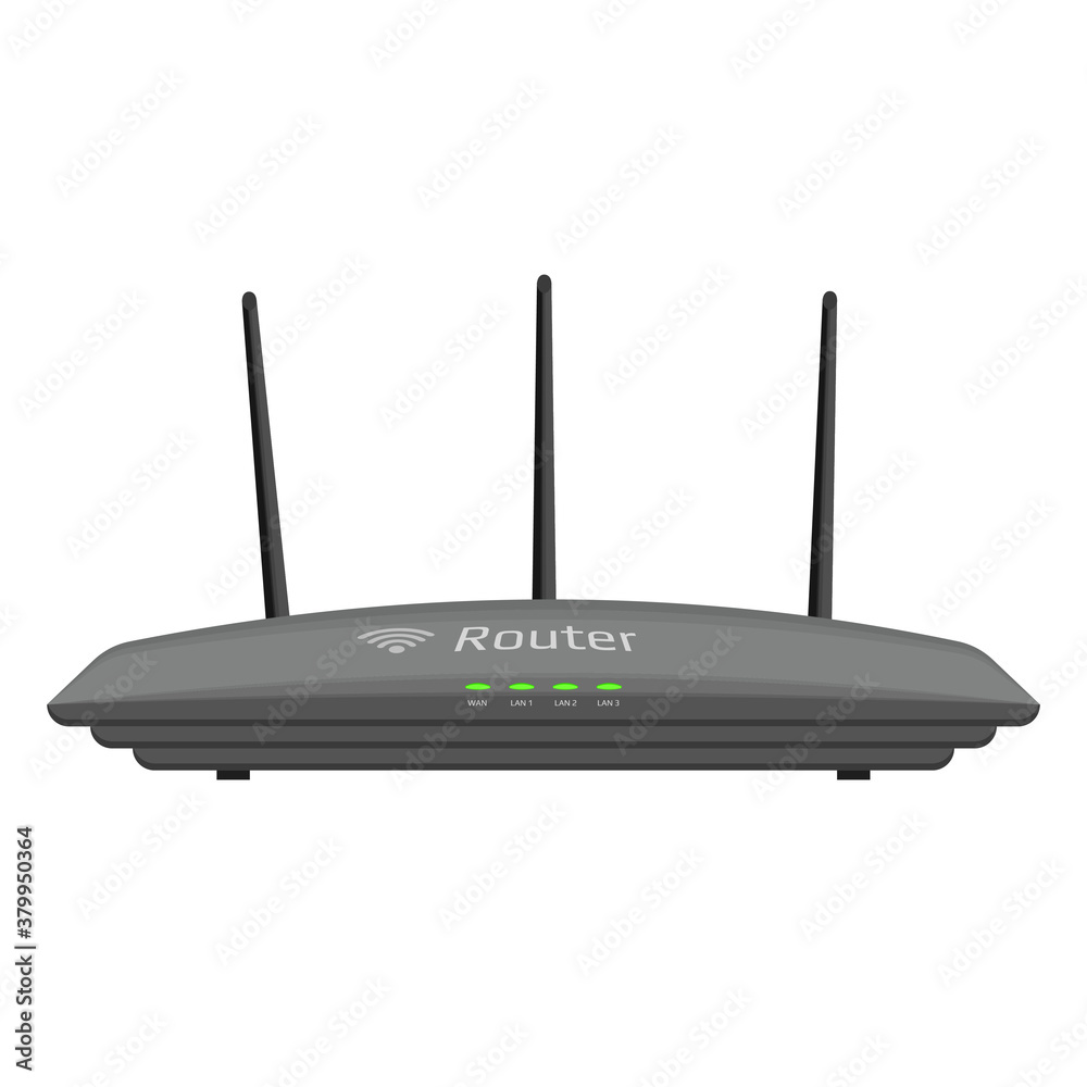 Flat wifi router with three antennas isolated on white. Green diodes on a gray case. Device for wireless distribution of the Internet. Vector EPS 10. Flat wifi router with three antennas isolated on white. Green diodes on a gray case. Device for wireless distribution of the Internet. Vector EPS 10.