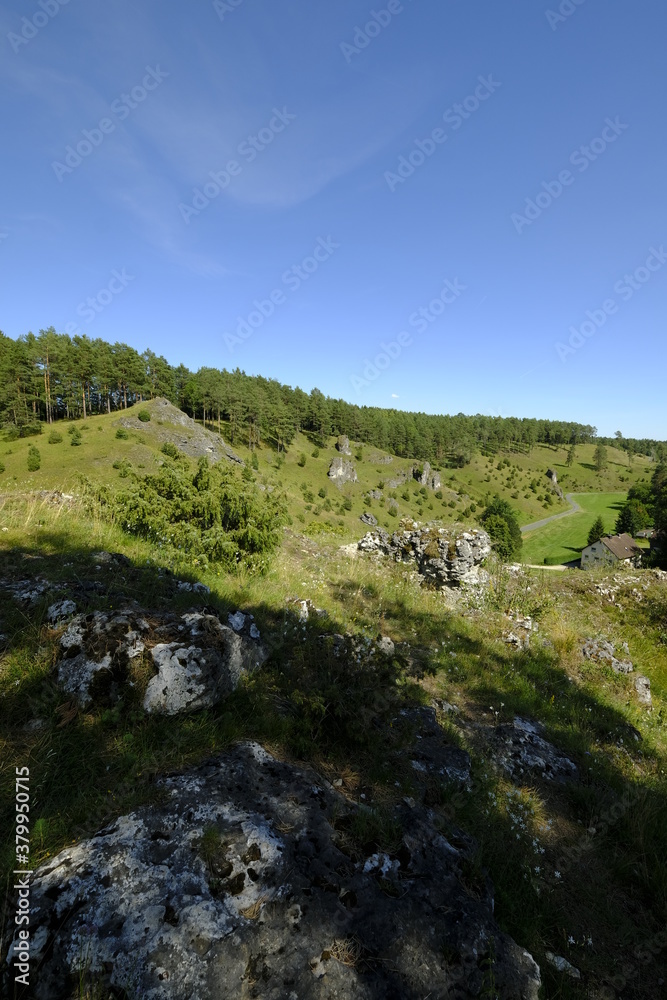 Landschaft und Felsenhänge im Kleinziegenfelder Tal, Fränkische Schweiz, Landkreis Lichtenfels, Oberfranken, Franken, Bayern, Deutschland