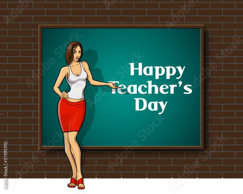 Happy Teacher's Day. Kind woman teacher stands blackboard. Teacher greeting card World teacher's day concept school student girl learning education graphic freehand illustration icon black chalkboard