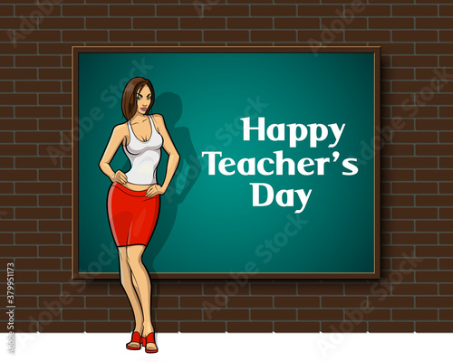Happy Teacher's Day. Kind woman teacher stands blackboard. Teacher greeting card World teacher's day concept school student girl learning education graphic freehand illustration icon black chalkboard