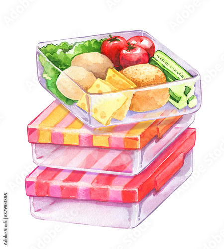 lunch bok cute food healthy food eat kids striped stack plastic watercolor isolated illustration egg snack tomato egg art