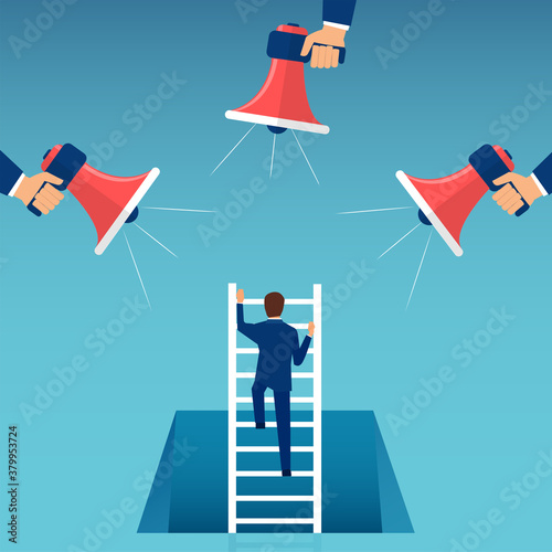 Vector of a businessman climbing up stairs being motivated by managers making announcement in megaphone