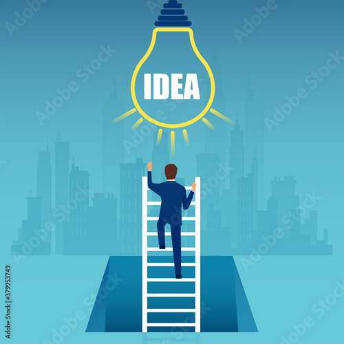 Vector of a business man climbing up a ladder to reach bright idea, light bulb