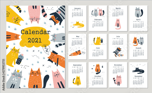 Calendar 2021 with cute cats. Hand drawn vector