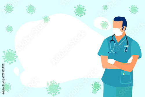 Coronavirus banner with copy space, doctor wearing a face mask and gloves
