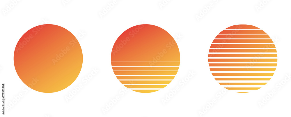 sun set of vector planets isolated on white background.Flat design. Summer vector illustration. 1980s vintage music
