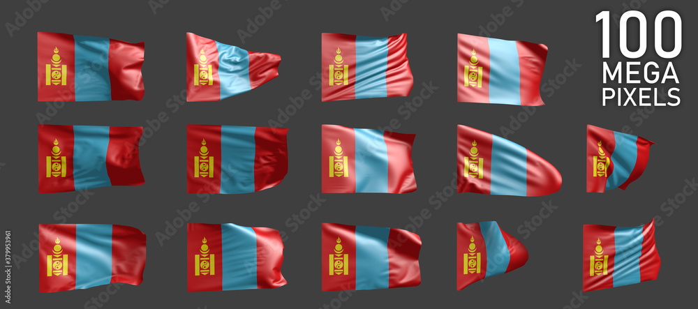 many different pictures of Mongolia flag isolated on grey background - 3D illustration of object many different pictures of Mongolia flag isolated on grey background - 3D illustration of object