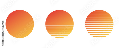 sun set of vector planets isolated on white background.Flat design. Summer vector illustration. 1980s vintage music