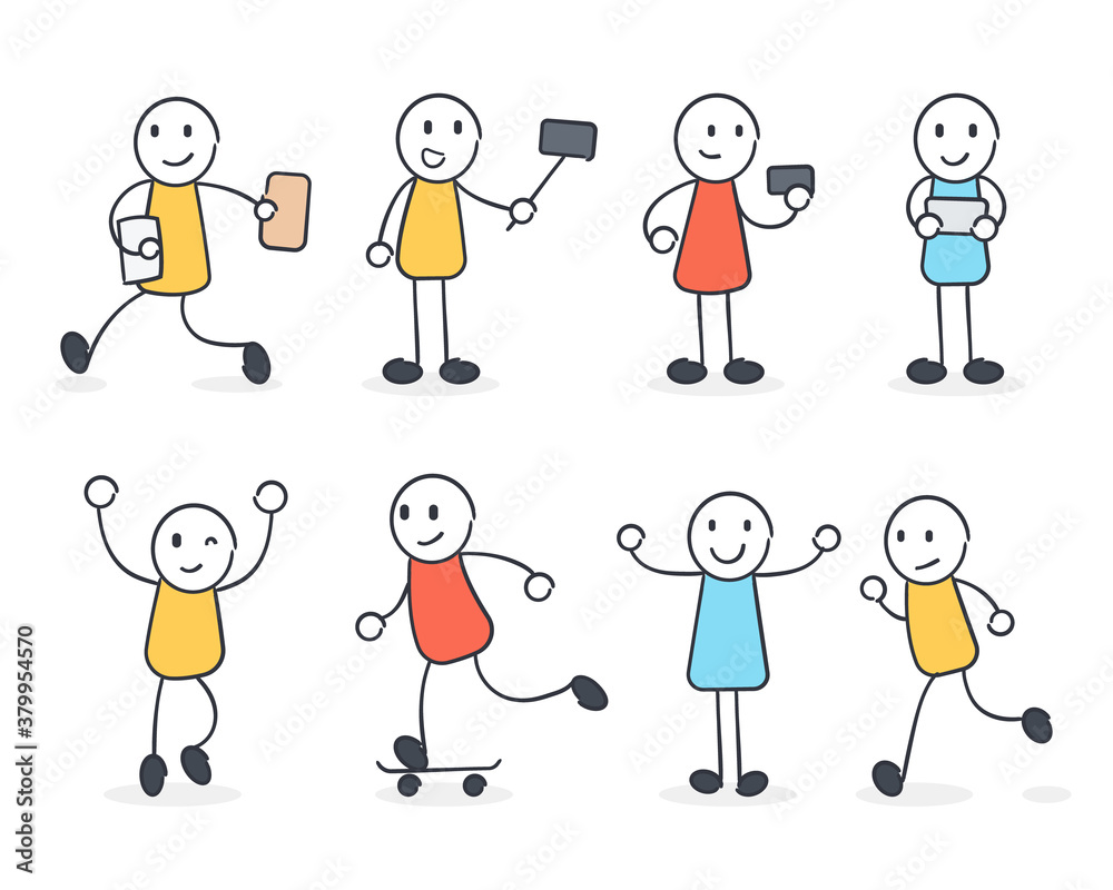 Cartoon character set. Happy cartoon doodle in different poses. Vector illustration. 