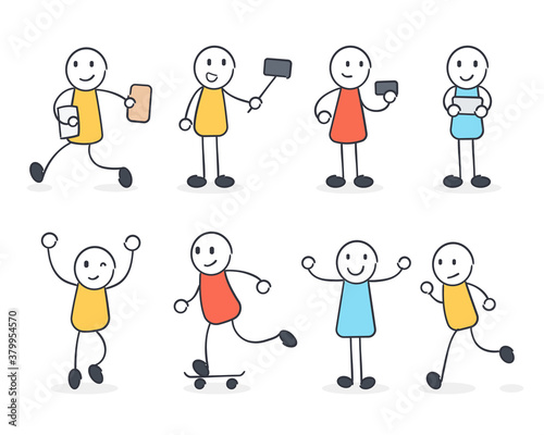 Cartoon character set. Happy cartoon doodle in different poses. Vector illustration. 
