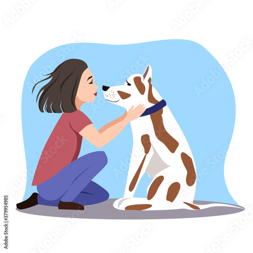 The girl is sitting with the dog opposite each other. The character looks into the eyes of his pet. Vector sketch of a cartoon illustration isolated on a white background.