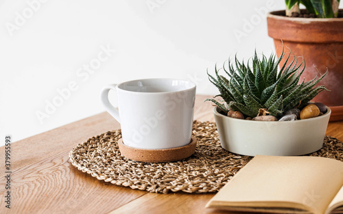 Succulent in a pot, white mug, Notepad on a wooden table in a Scandinavian interior. Houseplant. Copy space.