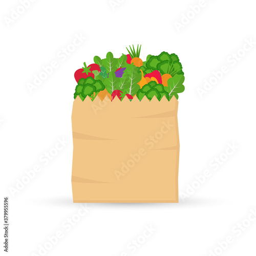 Fresh organic vegetables in paper bag. Healthy food. Vector illustration.