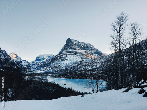 Innerdalen Lake and Mountain Range Winter Panorama photo