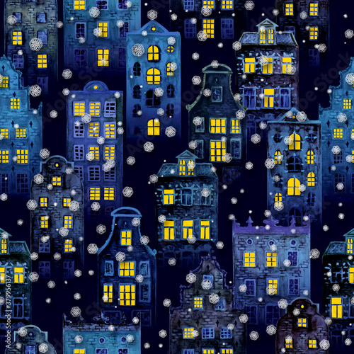 Christmas background with old europe houses and snowflakes.