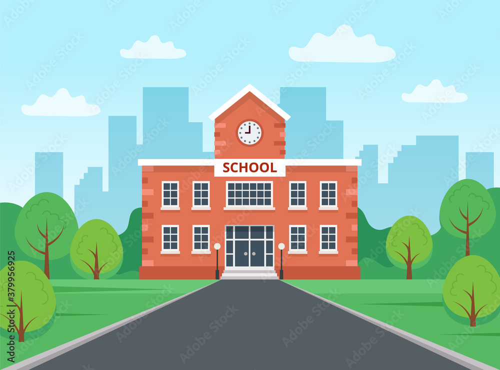 School building with city landscape. illustration in flat style