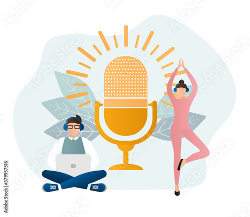 Live webcast in flat style with people. Listen to podcast. Flat illustration. Vector illustration.
