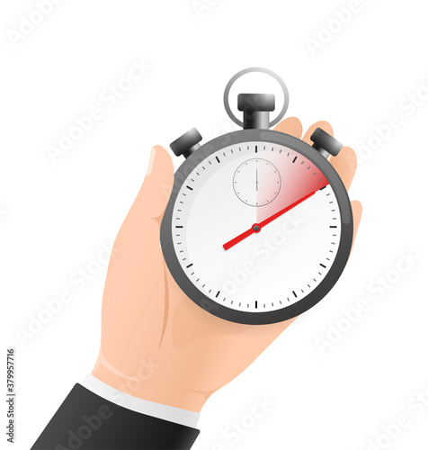 Cartoon icon with timer with hand on white background. Business design. Vector illustration.