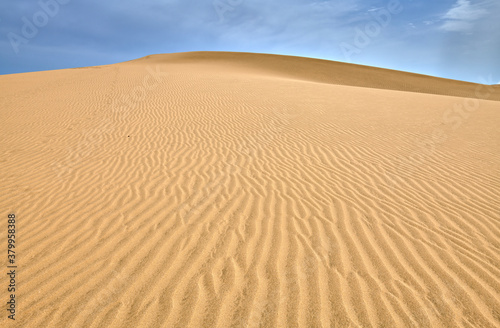 Stunning sand dunes of Maspalomas in Gran Canaria Spain. Scenic sand landscape like seen in the Sahara desert. Beautiful skies meet the arid and dry climate of this ecosystem.