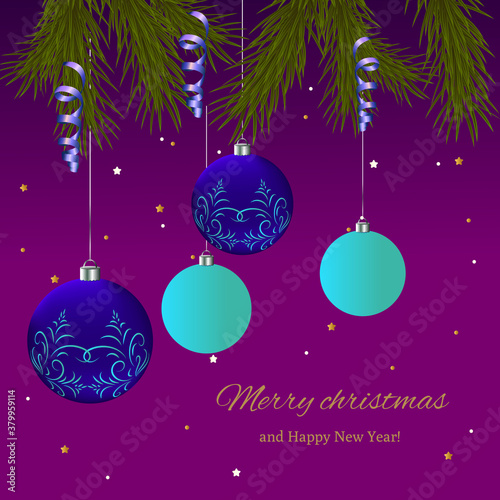 Vector Christmas illustration with spruce branch  beautiful balls and greeting lettering.