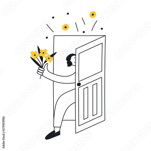 Welcome, invite, greeting, housewarming, or celebration concept. Cute cartoon man coming into the door with flowers. Flat line vector illustration on white