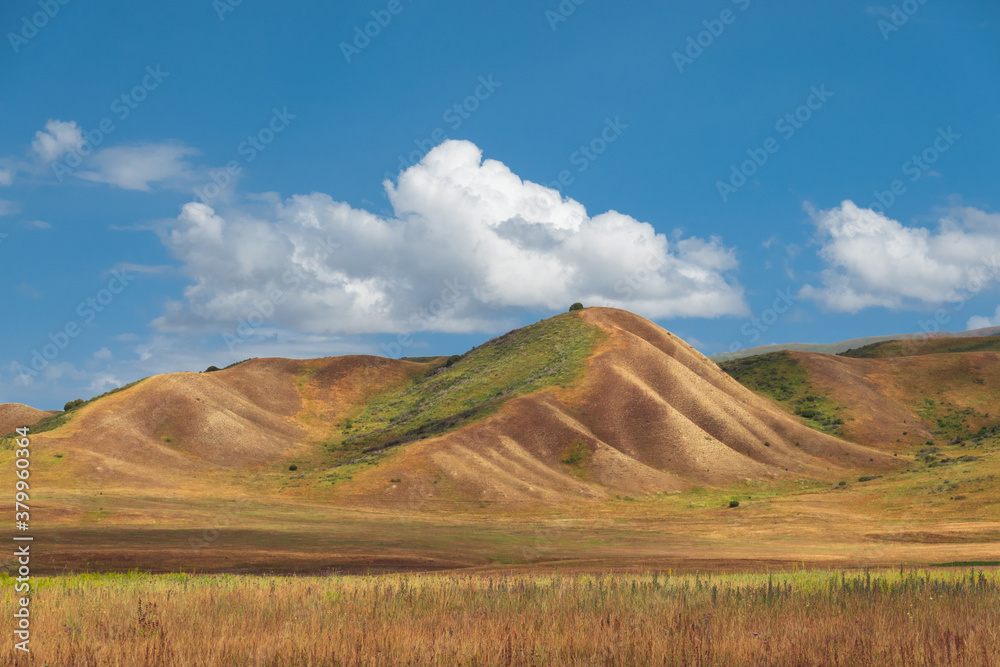 Picturesque yellow hills in the Tekes river valley. Blue sky with white scenic clouds.