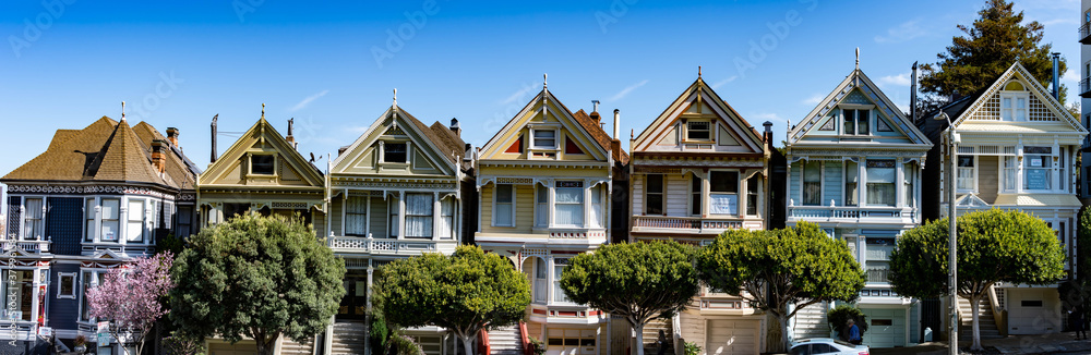 The Painted Ladies of San Francisco, California, USA. View from Alamo Square at twilight, San Francisco. Victoria houses in san francisco